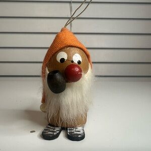 Kurt S. Adler wooden gnome orange hat with pipe holiday Christmas ornament